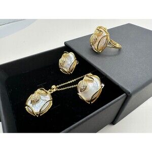 White baroque pearl set of 3, earrings, necklace, ring,  stud, open ring